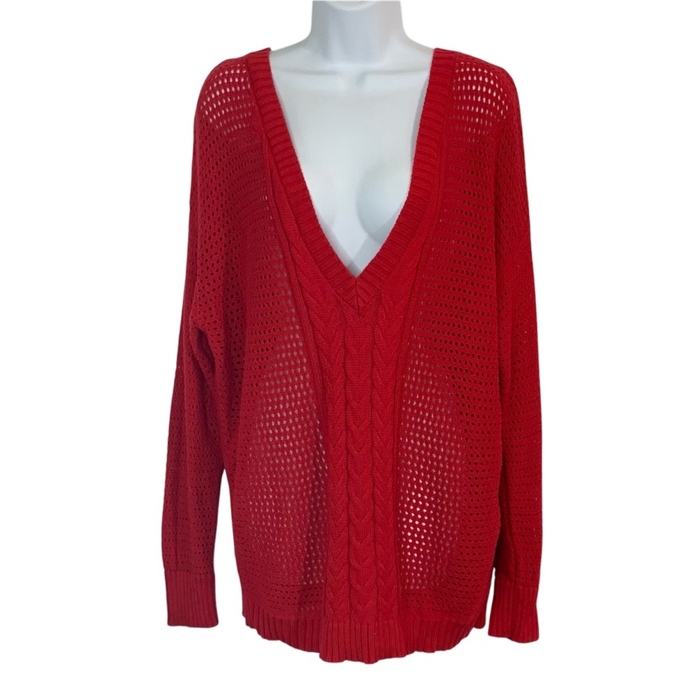 LANE BRYANT Open Knit Red V-Neck Sweater Sz 14/16